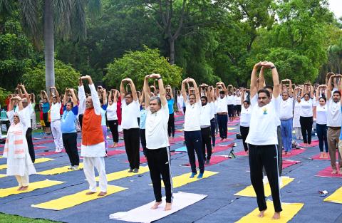 The Union Minister of Railways, Minister of Information and Broadcasting and Minister of Electronics and Information Technology, Shri Ashwini Vaishnaw participates in 10th International Day of Yoga celebrations, in New Delhi on June 21, 2024.